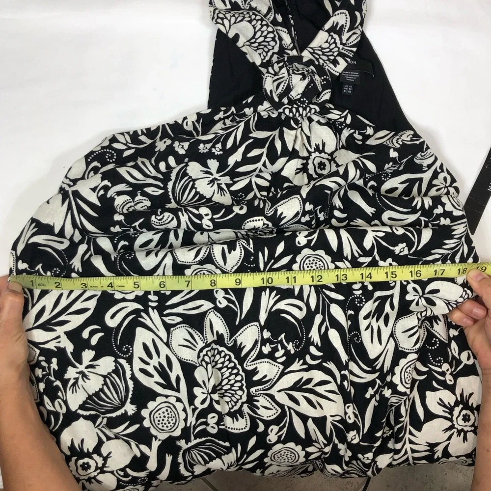 Maggy London Linen Blend Black Cream Floral Halter Pockets Lined Midi Dress 10 - Picture 15 of 16